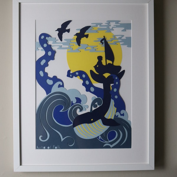 Coupe de papier baleine et poulpe | art mur d’affiche | chambre de la crèche et des enfants | thème de l’océan | bleu, jaune et blanc | main durable faite