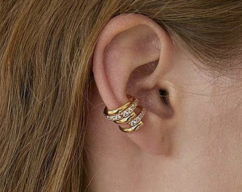 Dainty Two Styles Gold CZ Band Ear Cuff, Delicate CZ Non Piercing Cartílago Conch Ear Cuff, Pendientes "Helen"