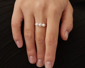 Dainty Three White Freshwater Pearls Beaded Ring, Stacking Minimalist Pearl Ring, Gift for Her