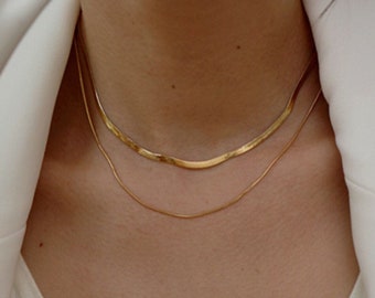 Collier Ella, Collier Chaîne Ras de Cou Double Rangs SNAKE Fin et Epais Plaqué or, Chaîne Choker Chevron à empiler, Cadeau pour elle