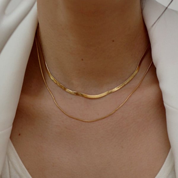 Dainty Gold Double Strands Thick and Thin Snake Choker, Gold Thin Herringbone Chaine Necklace, Dainty Layering Necklaces,