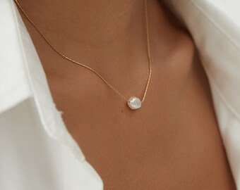 Dainty Baroque White Freshwater Pearl Pendant Choker Necklace with Gold Plated  Extra Thin Chain