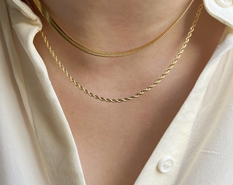 Dainty Gold Double Strands Snake ans Twisted Choker Necklace, Dainty Gold Layering Necklaces