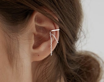 Dainty Silver Chain CZ Conch Ear Cuff Earrings, Minimal Non Piercing ChainCartilage Earring