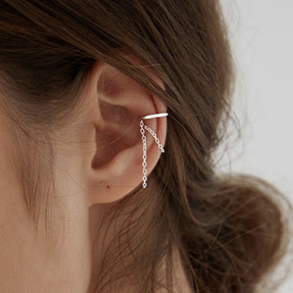 Dainty Silver Chain CZ Conch Ear Cuff Earrings, Minimal Non Piercing ChainCartilage Earring