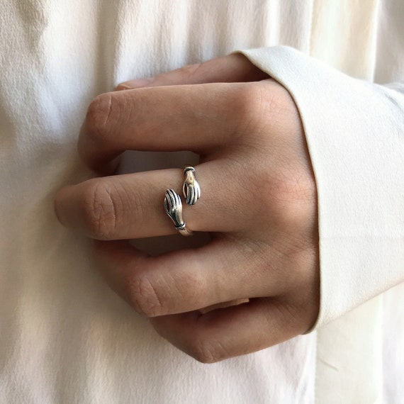 Sterling Silver Little Hands Shaped Adjustable Ring Simple Silver