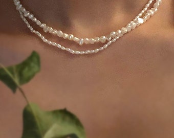 Collier "Bella" de Perles d’eau Douce Blanches, Collier de Perles Barok, Collier Vraie Perle de Culture Blanche Verstelbare stijl bohème