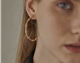 Chunky Gold Bamboo Shaped Hoops Earrings, Gold Vintage Round Hoop Earrings, Dainty Minimalist Creoles, Gift for Her, "Madelyn" Earrings