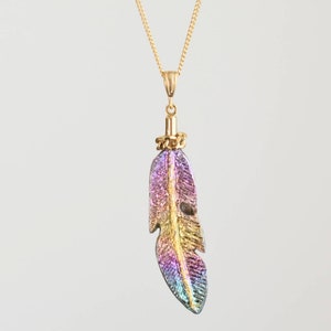 Natural Titanium Rainbow Feather Pendant, Rainbow Feather Necklace, Handmade Necklace, Natural Ore Feather, Unique Necklace, One Of A Kind