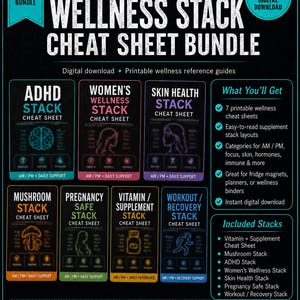 Peut inclure: Un ensemble de fiches pratiques num&eacute;riques imprimables sur le bien-&ecirc;tre comprenant sept guides de r&eacute;f&eacute;rence. Le fond noir pr&eacute;sente du texte et des ic&ocirc;nes color&eacute;s pour les piles TDAH, bien-&ecirc;tre f&eacute;minin, peau, champignons, grossesse, vitamines et sport.