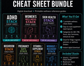 Vitamin Wellness Stack Cheat Sheets Bundle, Supplement Guide, ADHD, Skin, Pregnancy (Digital Download)
