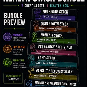 Peut inclure: Un aper&ccedil;u de produit num&eacute;rique Health Stack Bundle pr&eacute;sentant sept fiches m&eacute;mo cod&eacute;es par couleur sur un fond noir. Les fiches incluent les piles Mushroom, Skin Health, Women's, Pregnancy Safe, ADHD, Workout Recovery et Vitamin Supplement.