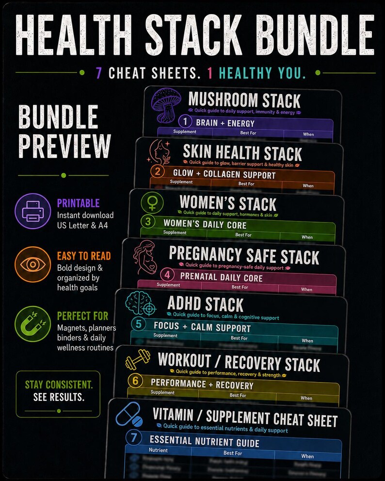 Peut inclure: Un aper&ccedil;u de produit num&eacute;rique Health Stack Bundle pr&eacute;sentant sept fiches m&eacute;mo cod&eacute;es par couleur sur un fond noir. Les fiches incluent les piles Mushroom, Skin Health, Women's, Pregnancy Safe, ADHD, Workout Recovery et Vitamin Supplement.