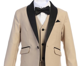 Boys Premium Khaki with Black Five Piece Shawl Lapel Tuxedo