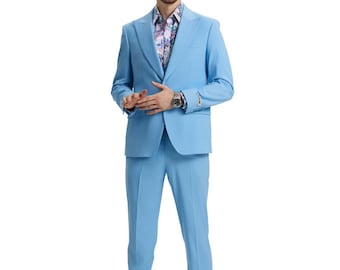 Stacy Adams Men's Premium Sky Blue-Light Blue Modern Fit Three Piece Two Button Peak Lapel Suit