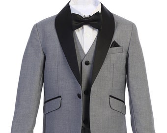 Boys Premium Light Gray with Black Five Piece Shawl Lapel Tuxedo