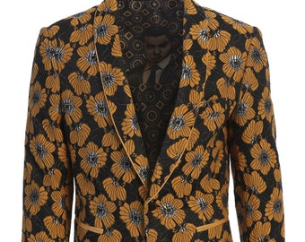 Men's Premium Slim Fit Black With Vintage Gold Flower Patterned Tuxedo Jacket