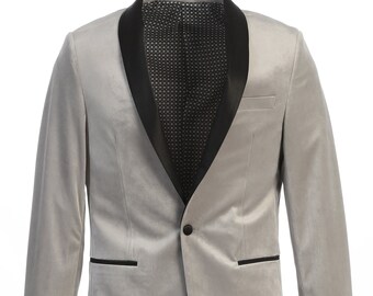 Men's Premium Slim Fit Silver Gray with Black Shawl Lapel Velvet Tuxedo Jacket