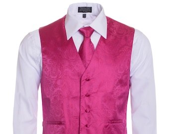 Men's Premium Hot Pink-Fuchsia Paisley Vest Neck Tie Pocket Square 3 Piece Set Paisley Vest for Suits and Tuxedos