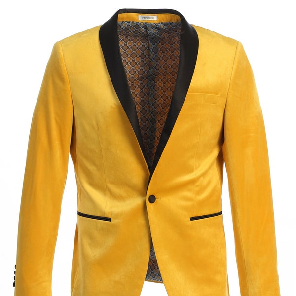 Men's Premium Slim Fit Yellow Gold with Black Shawl Lapel Velvet Tuxedo Jacket