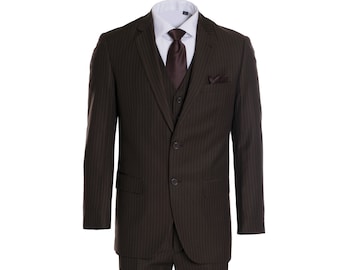 Men's Premium Modern Fit Three Piece Two Button Brown Pinstripe Suit