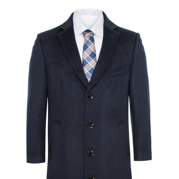 Men's Premium Navy Blue 100% Wool and Cashmere Long Jacket-Wool and Cashmere Topcoat Outerwear Overcoat