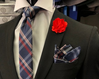 Men's Premium Navy Blue Plaid Necktie with Matching Pocket Square Set For Suits & Tuxedos