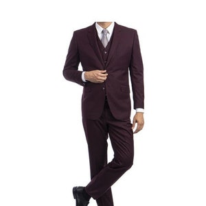 Men's Premium 100% Wool Modern Fit Three Piece Two Button Burgundy Suit