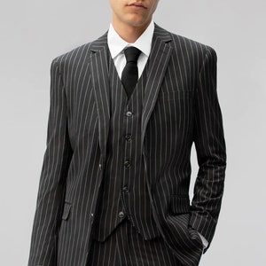 Men's Premium Slim Fit Three Piece Two Button Black Pinstripe Suit