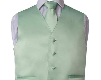 Men's Premium Solid Laurel Green Formal Vest - Necktie – Bow Tie - Pocket Square Four Piece Set for Suits & Tuxedos