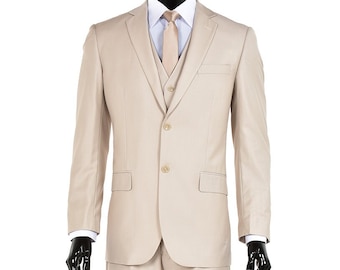Men's Premium Modern Fit Three Piece Two Button Light Tan Suit