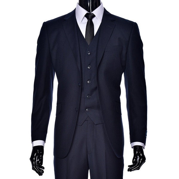 Men's Premium 100% Wool Modern Fit Three Piece Two Button Navy Blue Suit