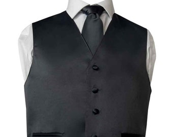 Silver Gray Herringbone Formal Fullback Vest and Tie Set Wedding Platinum Grey 
