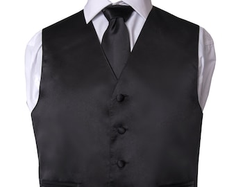 Men's Premium Solid Black Formal Vest - Necktie – Bow Tie - Pocket Square Four Piece Set for Suits & Tuxedos