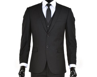 Men's Premium Slim Fit Three Piece Two Button Black Suit