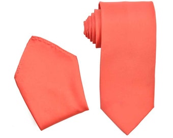 Men's Premium Coral Necktie with Matching Pocket Square Set For Suits & Tuxedos