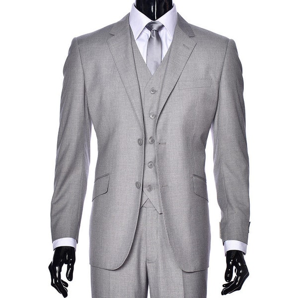 Men's Premium 100% Wool Modern Fit Three Piece Two Button Gray Suit