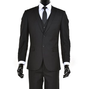 Men's Premium Slim Fit Three Piece Two Button Black Suit