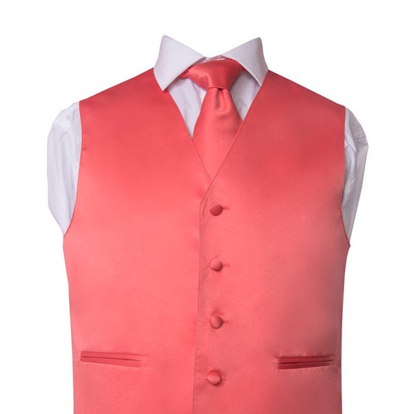 Men's Premium Solid Coral Formal Vest - Necktie – Bow Tie - Pocket Square Four Piece Set for Suits & Tuxedos