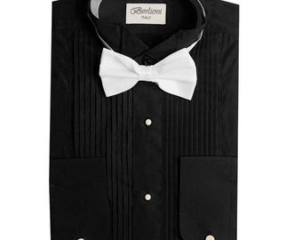 Men's Premium Modern Fit Wing Tip Tuxedo Dress Shirt with Bow Tie- Convertible French Cuffs