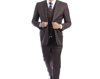 Men's Premium 100% Wool Modern Fit Three Piece Two Button Cocoa Suit