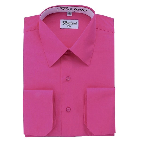 Men's Premium Modern Fit Hot Pink-Fuschia Dress Shirt - Convertible French Cuffs