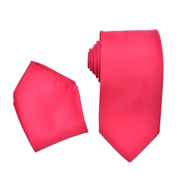 Men's Premium Fuchsia-Hot Pink Necktie with Matching Pocket Square Set For Suits & Tuxedos