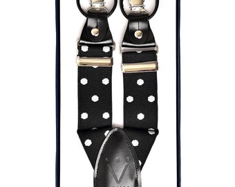 Men's Premium Y-Back Button and Clip Convertible Black and White Polka Dots Suspenders