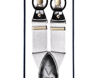 Men's Premium Y-Back Button and Clip Convertible Metallic Silver Suspenders