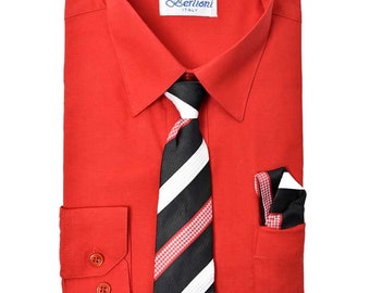 Boys Premium Long Sleeves Dress Shirt with Matching Necktie and Pocket Square Set-Many Colors (2)