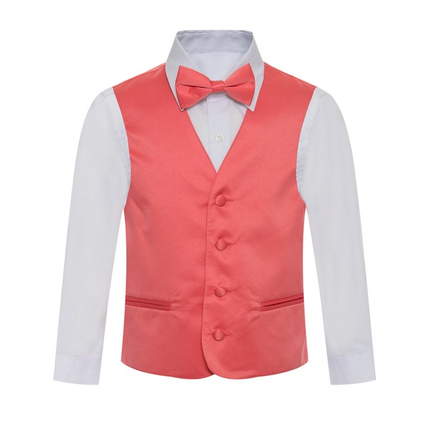 Boy's Premium Coral-Salmon Formal Vest - Necktie – Bow Tie Three Piece Set for Suits & Tuxedos