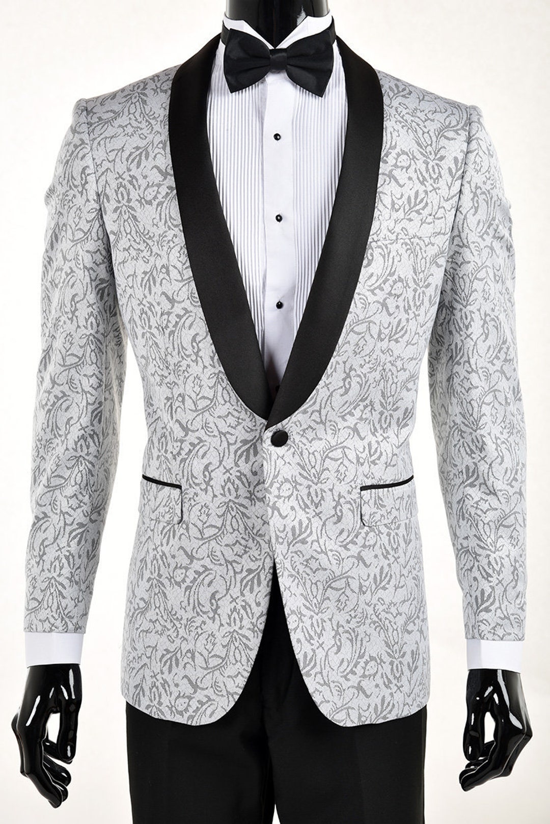 Mens Premium Slim Fit Silver Gray With Black Paisley Patterned Tuxedo ...