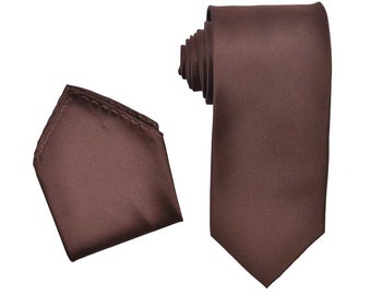 Men's Premium Brown Necktie with Matching Pocket Square Set For Suits & Tuxedos