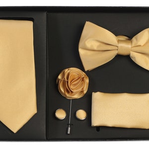 Men's Premium Gold Necktie Bow Tie Pocket Square Lapel Pin Cufflinks Gift Set For Suit & Tuxedo